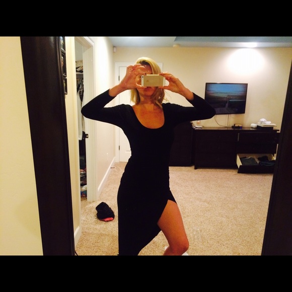 Diagonal black slit dress with scoop neck