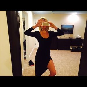 Diagonal black slit dress with scoop neck