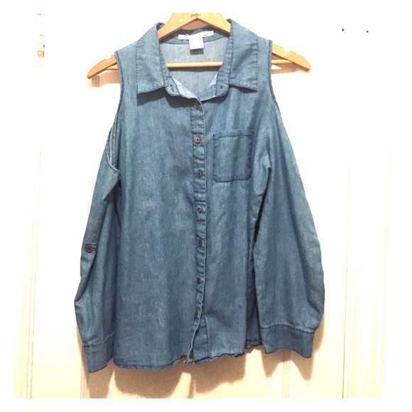 Shoulder less Denim Button Down Blouse