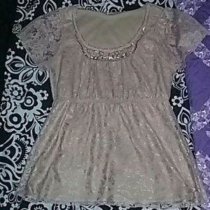 Shiny tan lace brouse with beaded collar