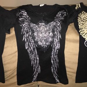 3 black short sleeved shirts one Lacoste 2 guess