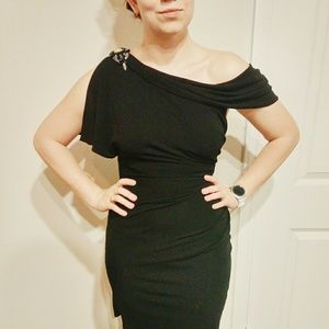 Badgley Mischka Black Beaded One Shoulder Dress