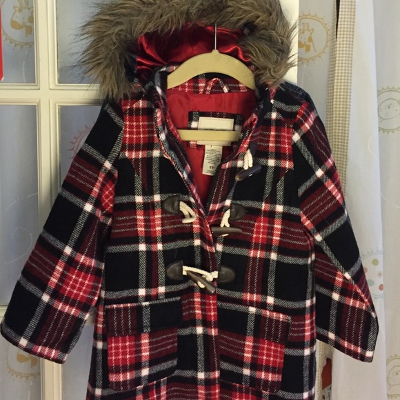 Cherokee Red Plaid Faux Hooded Toggle Peacoat