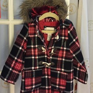 Cherokee Red Plaid Faux Hooded Toggle Peacoat
