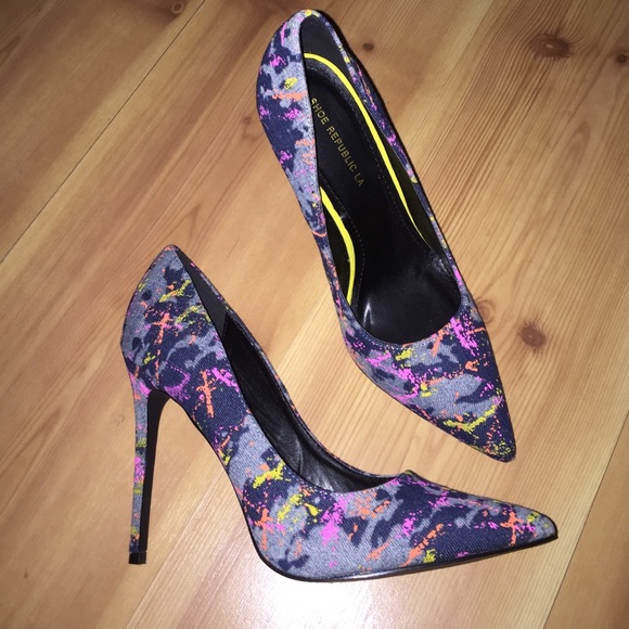 Denim "splatter" heels