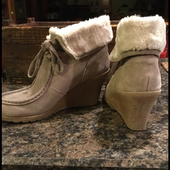 Beige Wedge Booties with Fur Trim