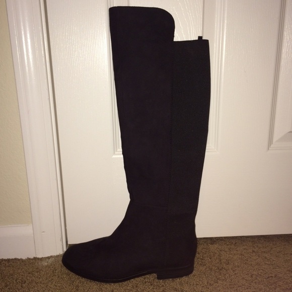 Faux Suede Knee High Black Boots