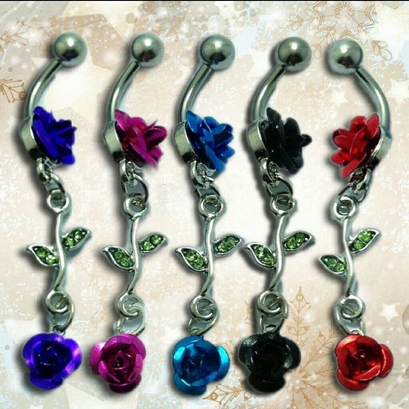 RED dangle rose belt button ring