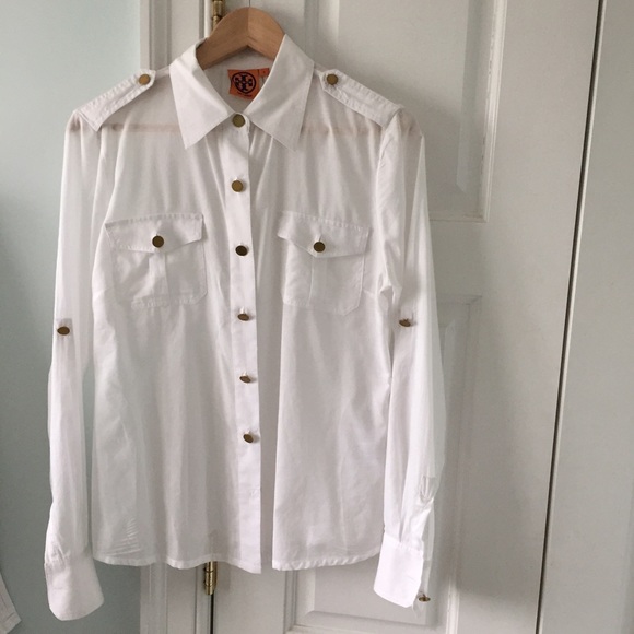 Tory Burch white shirt with gold logo buttons