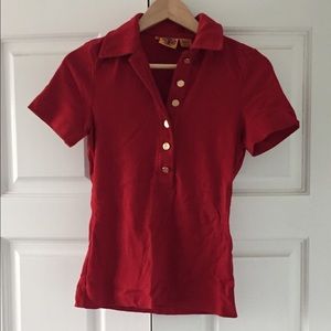 Tory Burch red polo with gold logo buttons