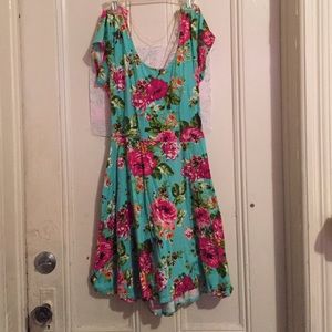 Aqua Blue Floral Print Skater Dress