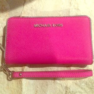 Michael Kors Hot Pink Wallet Clutch Silver Trim