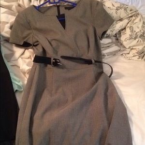 Gray belted dress, v in front