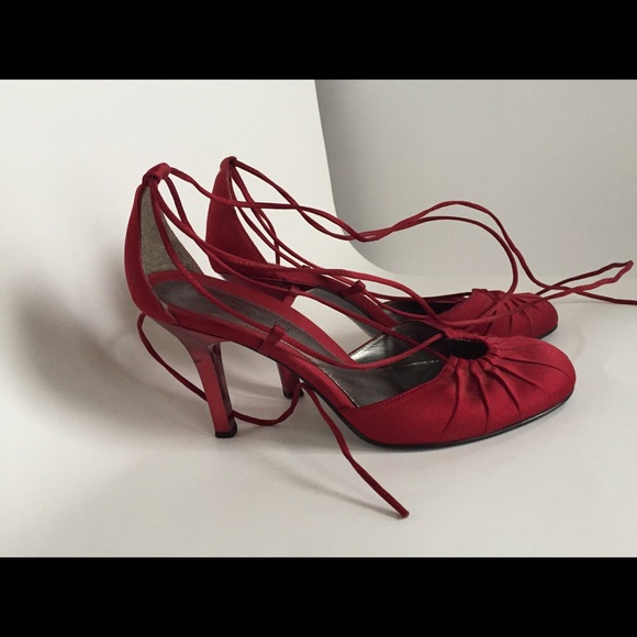 Red satin heels with lace up ankle straps 8.5