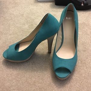 Aqua and tan peep toe platform shoes