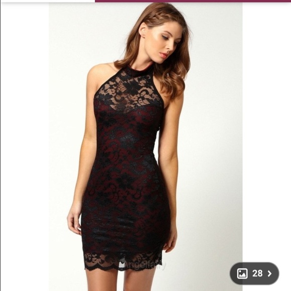 Red and black lace dress