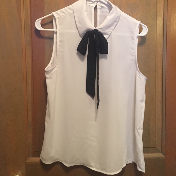 White chiffon top w/ black tie + Peter-pan collar