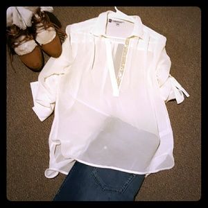 Sheer 3/4 sleeve blouse gold rhinestone v cut