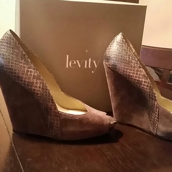 Snakeskin and suede peep toe wedge shoes