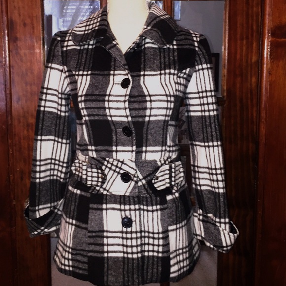 Black & White Plaid Peacoat