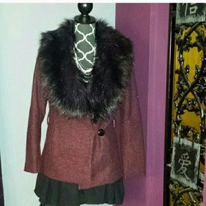 H&M tweed crimson faux fur peacoat
