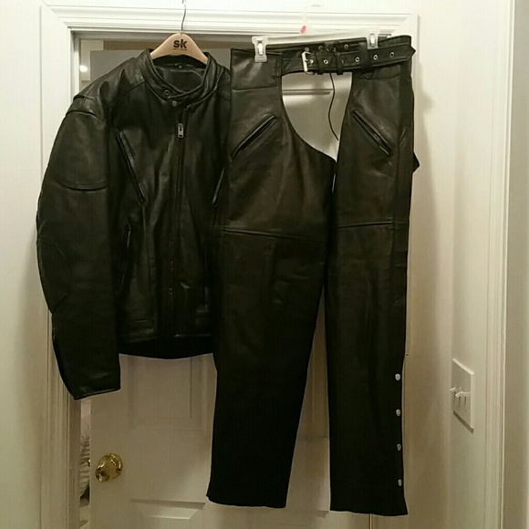 Leather biker coat, Chaps and head cover