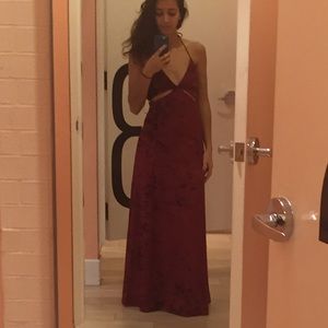 Red crushed velvet, floor length dress