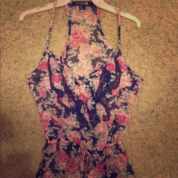 Navy and Pink Floral Ruffle Blouse