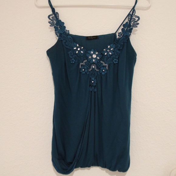 TEAL STRAP TOP W DETAILED NECKLINE