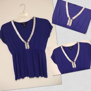 BLUE TOP W SILVER SEQUIN NECKLINE
