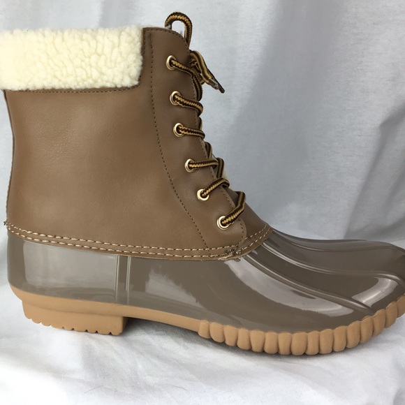 khaki Faux Shearling LaceUp Fashion Rain Duck Boot - Picture 2 of 3