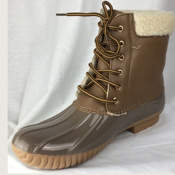 khaki Faux Shearling LaceUp Fashion Rain Duck Boot - Picture 3 of 3
