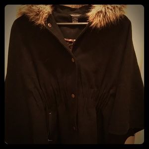 Fur hooded button up poncho jacket!