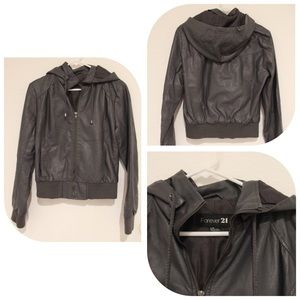 GREY LEATHER JACKET W HOODIE