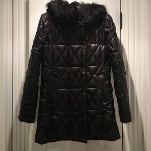 Bebe down coat with black faux fur trimmed hood
