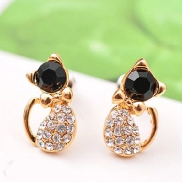 Jewelry - Rhinestone Black Cat Earrings