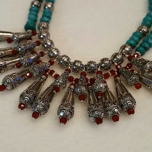 Turquoise Sterling Carnelian Artisan Necklace - Picture 2 of 4