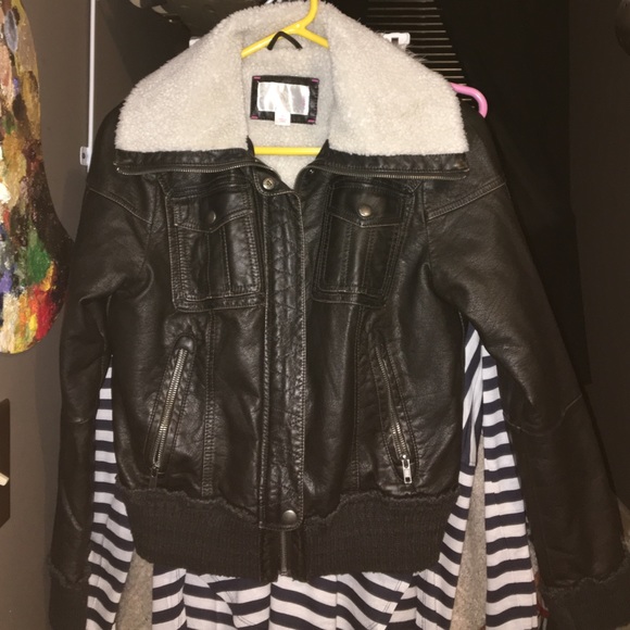 Faux leather bomber jacket with sherpa fur collar