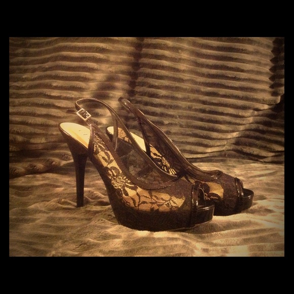 GUESS black lace sling-back, peep-toe heels