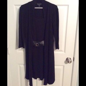 Black sweater dress with belt.