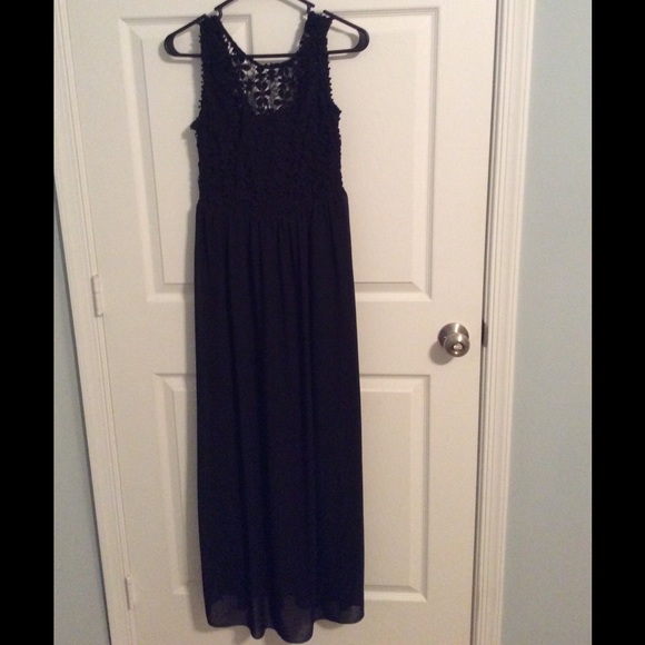 Black maxi dress with floral lace top.