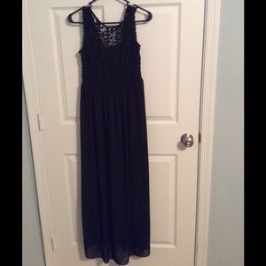 Black maxi dress with floral lace top.