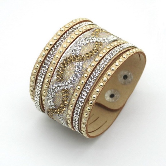Gold Leather Suede Crystal Wrap Bracelet