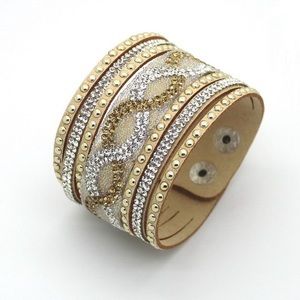 Gold Leather Suede Crystal Wrap Bracelet