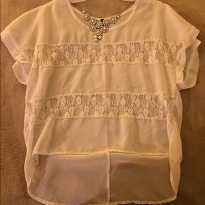 Sheer white hi-lo top with lace detail