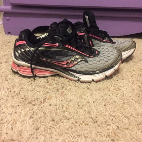 Pink grey and black saucony running shoes