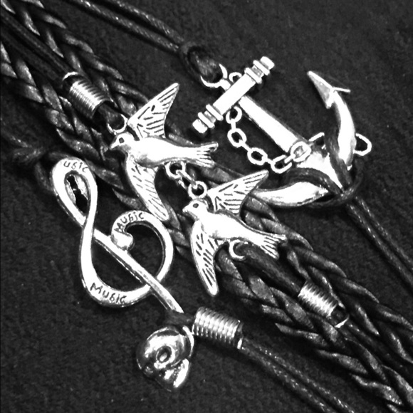 Black Charm Bracelet! Music, Anchors, Doves, Skull