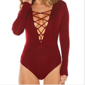 Dark red lace up bodysuit-long sleeve