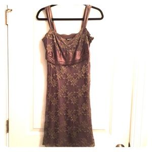 Pewter colored silk dress with gold lace overlay