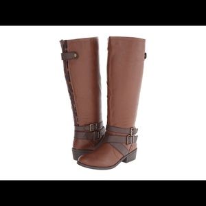 Brown knee high boots with aztec printed zipper